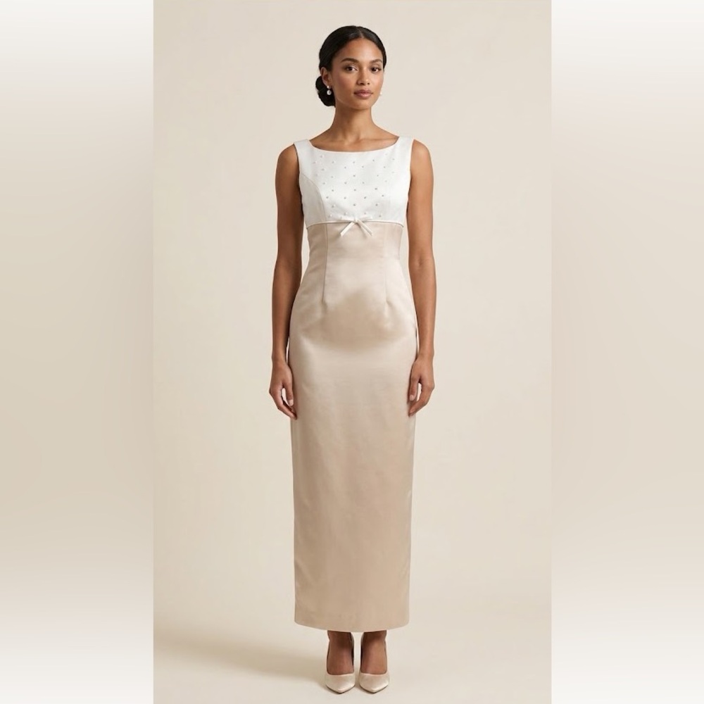 Vintage Oleg Cassini Satin Column Gown Pearl Beaded Bow Accent Ivory 4